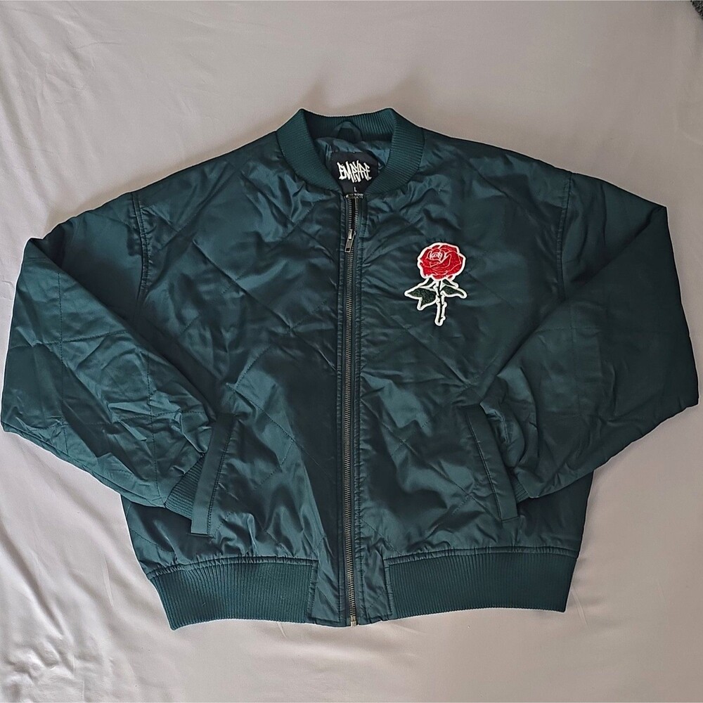 BLINDSIDE Men's Green Bomber Jacket L Zip Front Quilted Rose Embroidered Pockets
